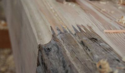 Teilprojekt 2 zu den dritten 500.000 EUR Bundesmitteln, etatisiert im Bundeshaushalt 20221, Ausführung 2022: Mittels Keilzinkverfahren reparierter Deckenbalken R 0.09 (Foto: W. Jäger)